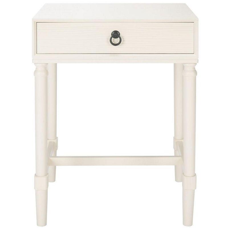 Elegant White Wood Accent Table with Carved Details and Storage Drawer