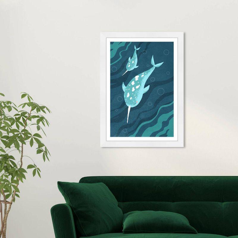 Blue and White Narwhals Canvas Print with White Frame