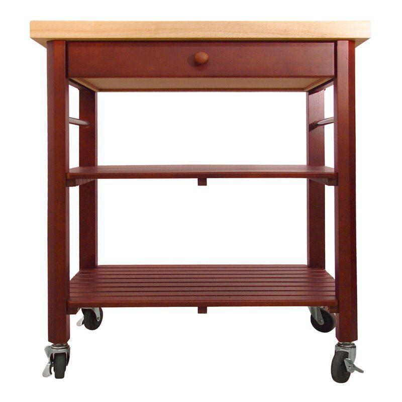 Cherry Stain Wood Kitchen Cart with Butcher Block Top