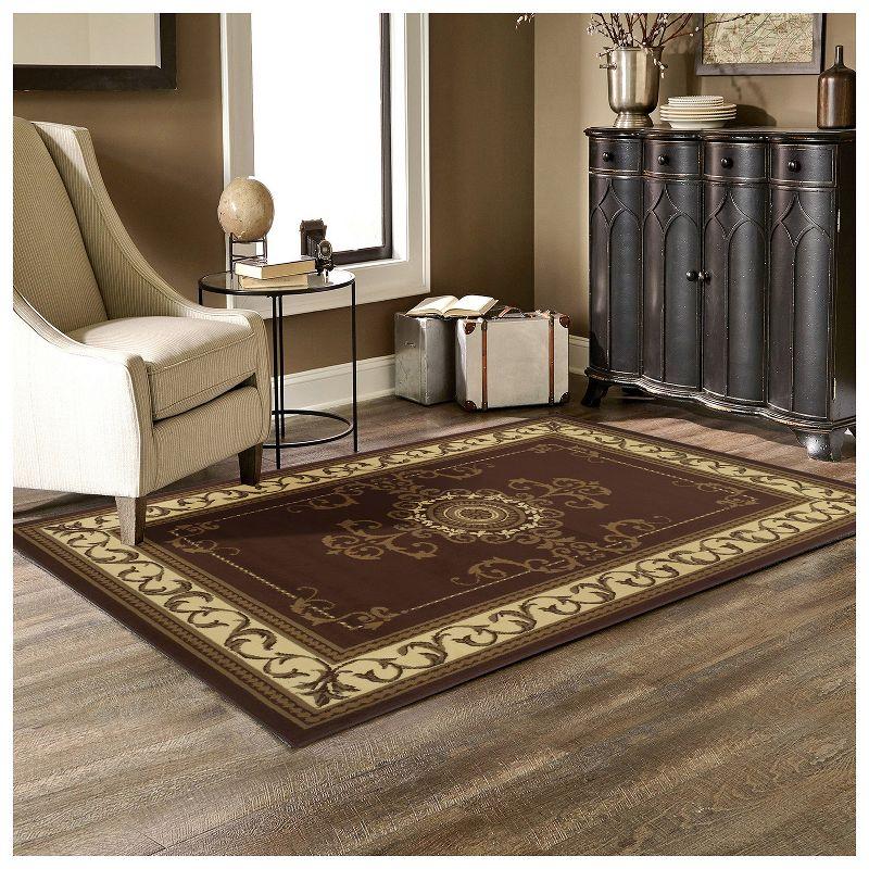 Traditional Medallion Floral Scroll Border Brown Synthetic Area Rug