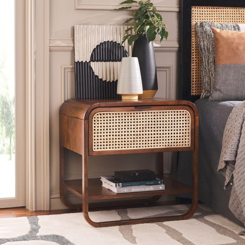 Walnut and Natural Rattan 1-Drawer Nightstand