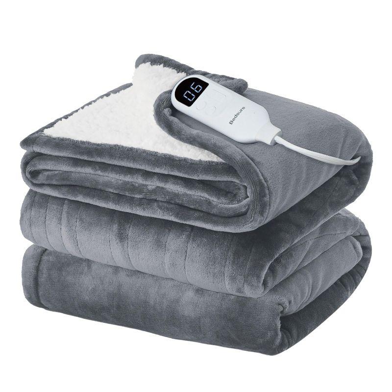 Twin Size Gray Flannel Sherpa Electric Heated Blanket