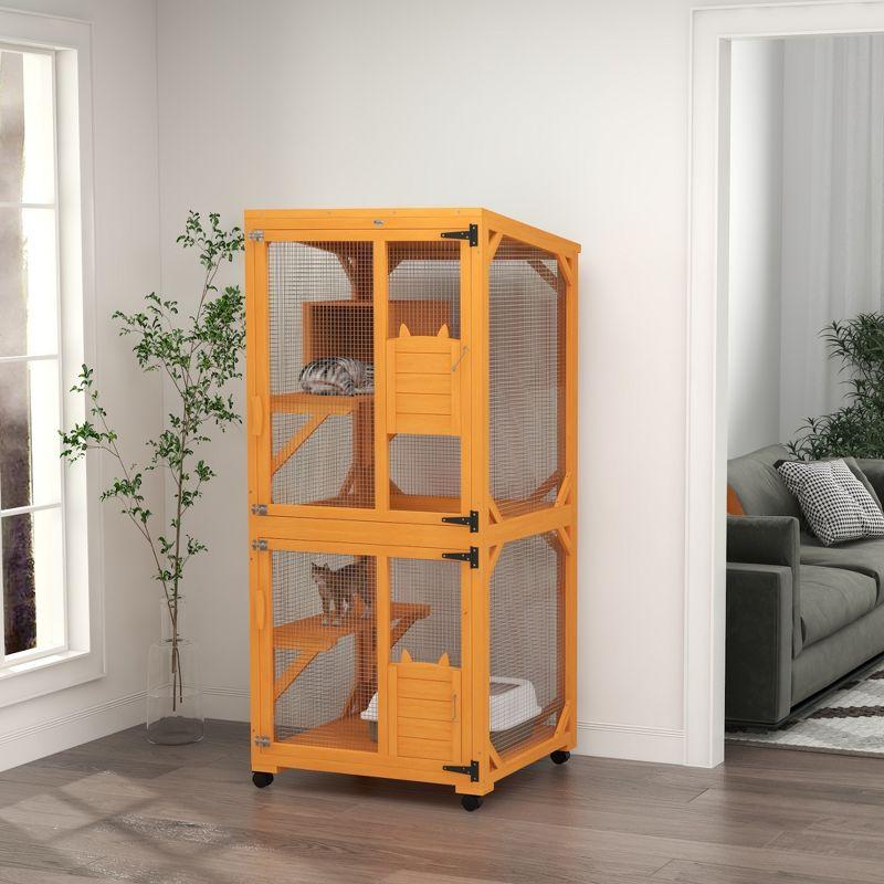 PawHut Catio Outdoor, Large Cat Enclosure, Wooden Kitten House, Elevated Design, with Wheels, Water-Resistant, Multi Platforms, for 1-3 Cats, Orange
