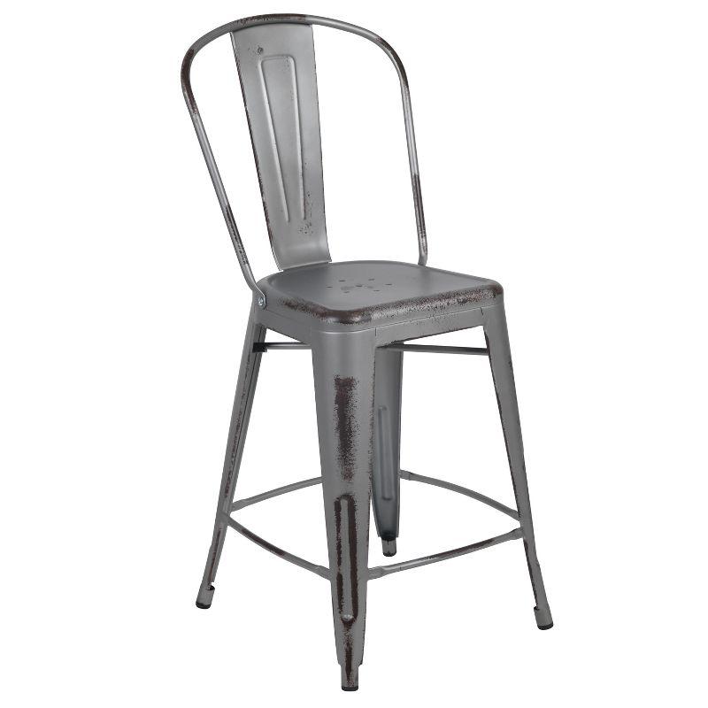 Flash Furniture Commercial Grade 24" High Distressed Silver Gray Metal Indoor-Outdoor Counter Height Stool with Back