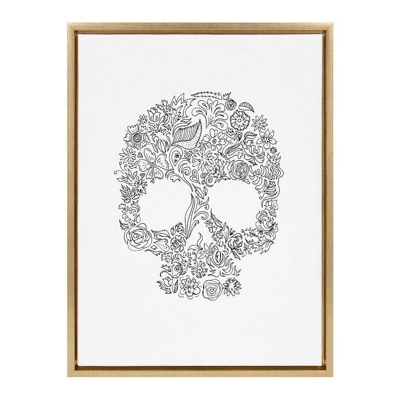 Gold Framed Skull Floral Print Canvas Wall Art, 18x24