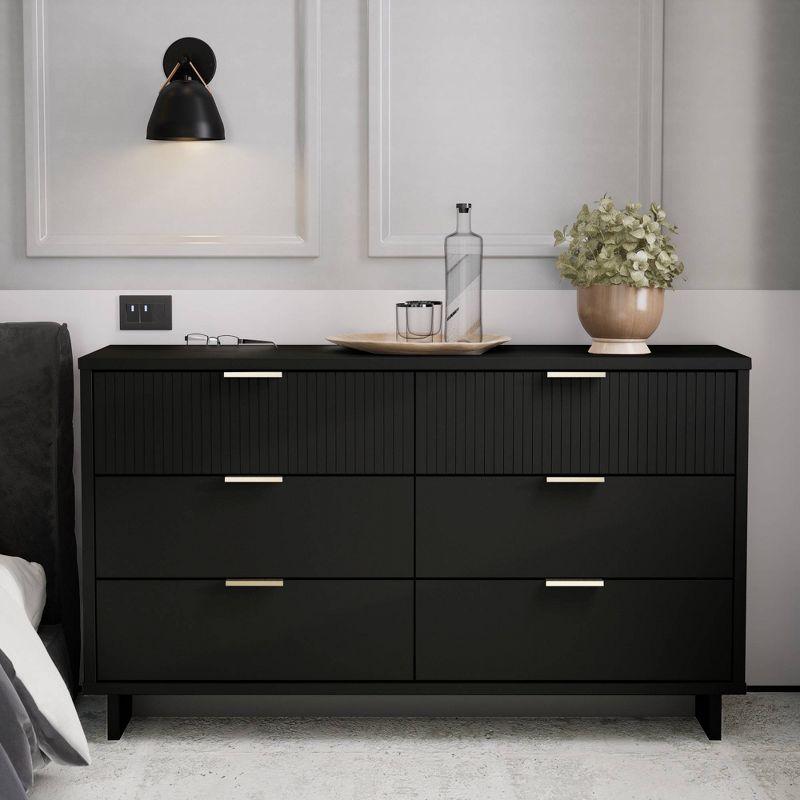 Granville Glam 6-Drawer Vertical Dresser in Black with Ribbed Detail