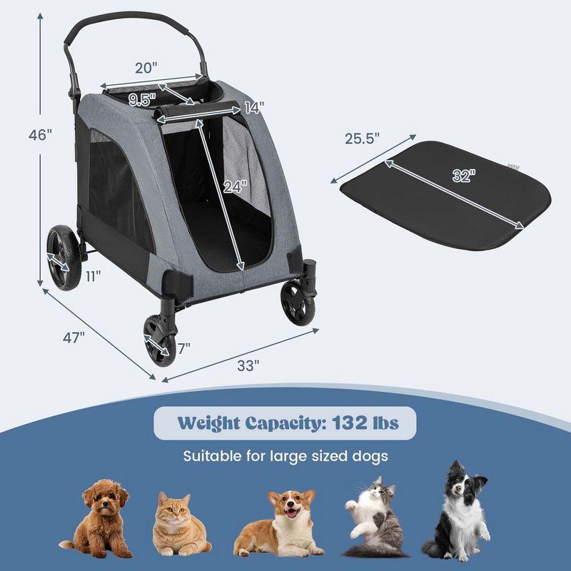 Extra Large Gray Dog Stroller with Adjustable Handle and Mesh Windows