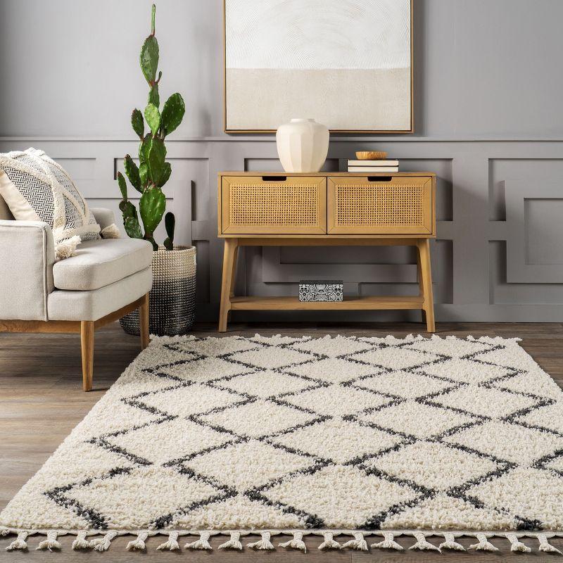 Ivory Diamond Trellis Shag Area Rug with Tassels, 2' x 3'