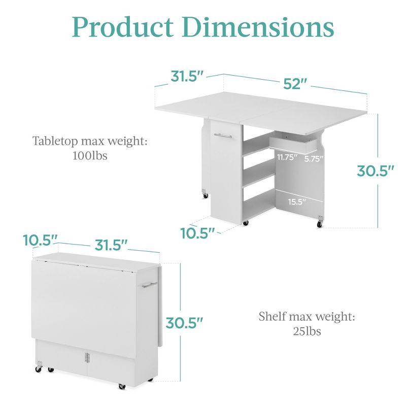 Best Choice Products Multipurpose Folding Table w/ Wheels, 3 Storage Shelves, Cubby, Handle - White