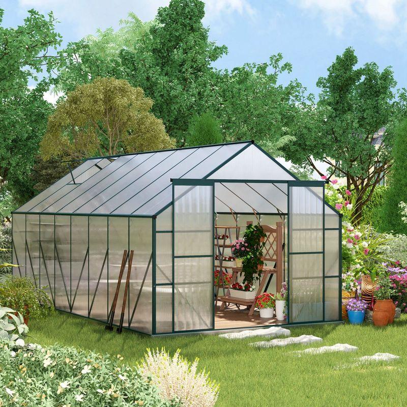 Outsunny Aluminum Greenhouse Polycarbonate Walk-in Garden Greenhouse Kit with Adjustable Roof Vent, Rain Gutter and Sliding Door