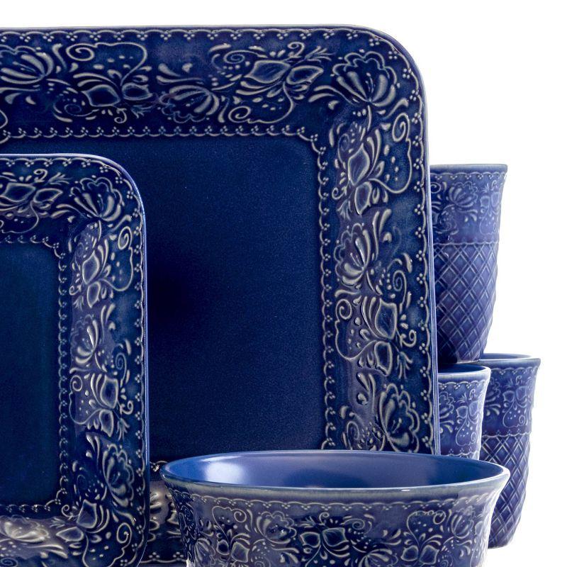 16pc Stoneware Floral Night Sky Square Dinnerware Set Blue - Elama