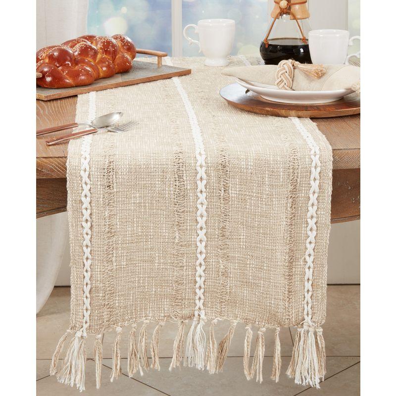 Beige Cotton Striped Table Runner with Decorative Fringe