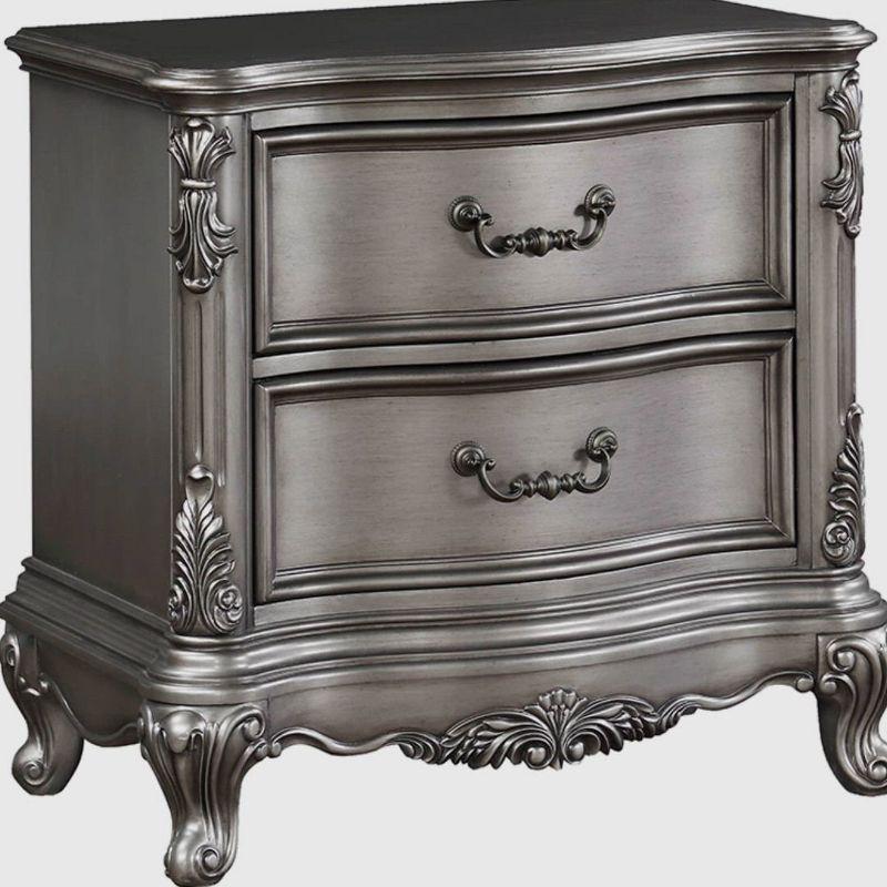 Antique Platinum 2-Drawer Nightstand with Intricate Carvings