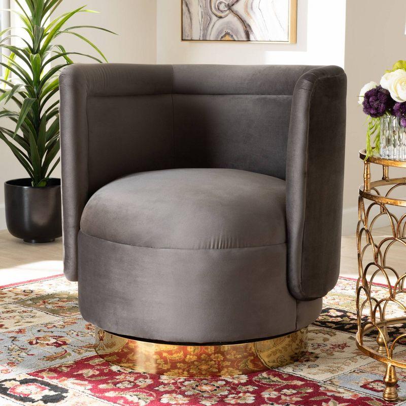 Gray Velvet Barrel Swivel Accent Chair with Gold Base