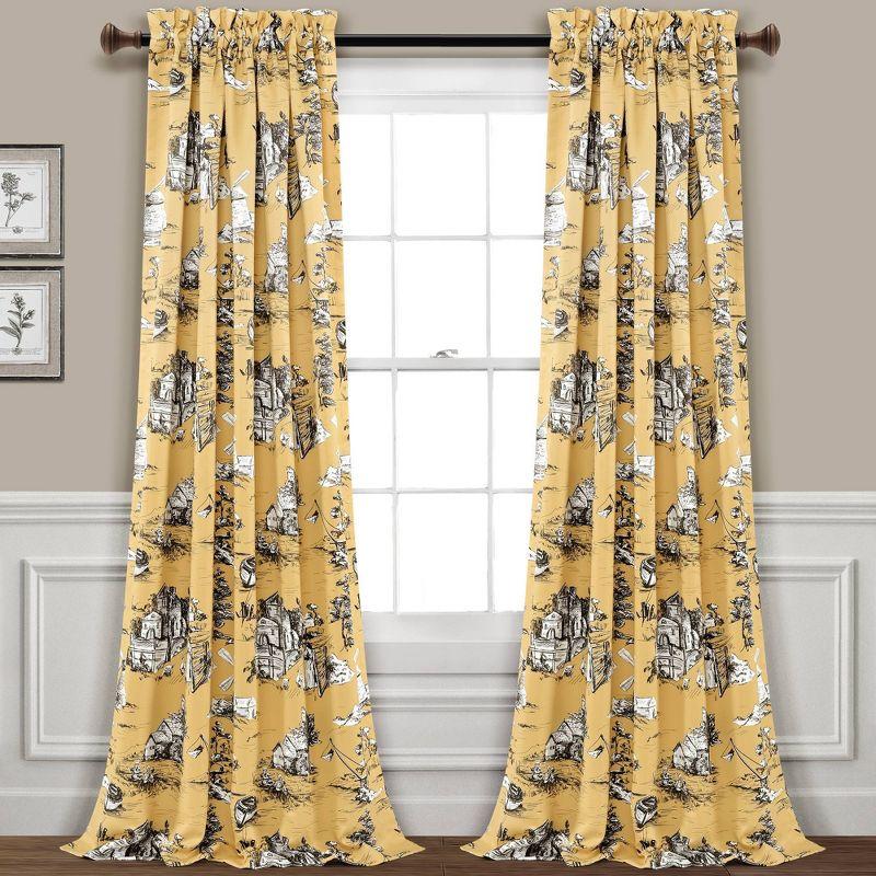 French Country Toile Polyester Room Darkening Curtain Pair