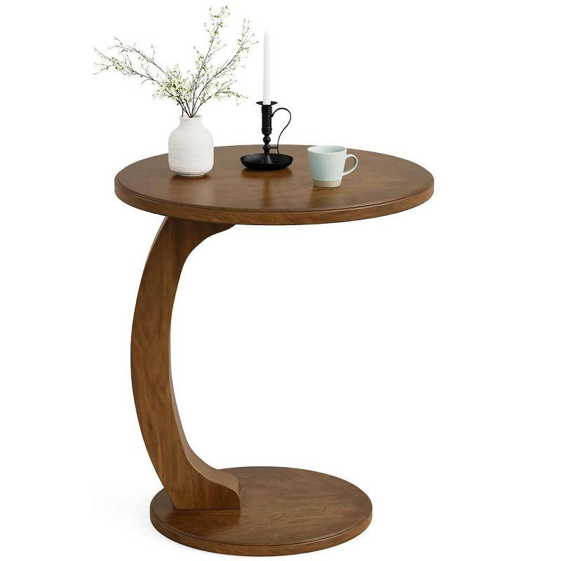 Hommoo C-Shaped End Table, Round Solid Wood Side Table for Living Room Brown