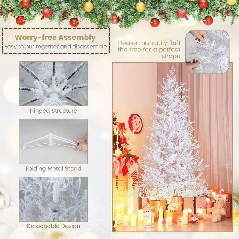 Tangkula 6FT Pre-lit Artificial Xmas Tree Hinged Christmas Tree with 383 Snow Flocked Branch Tips 300 Warm White & Multi-colored LED Lights