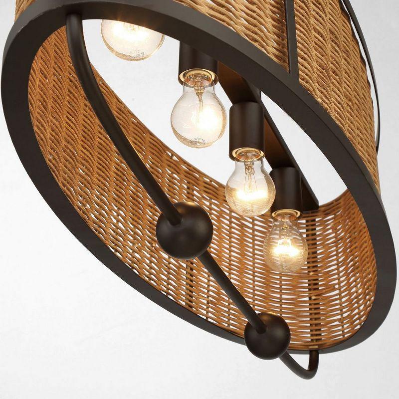 Off-White Rattan and Bronze 4-Light Chandelier