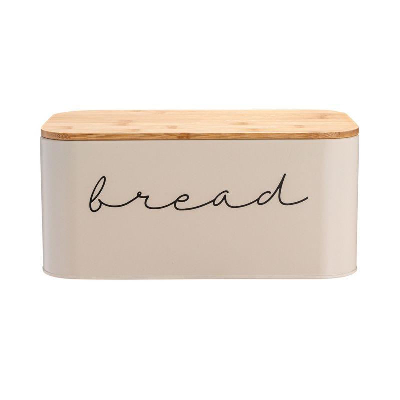 Storied Home Metal "bread" Bin with Bamboo Lid, Cream