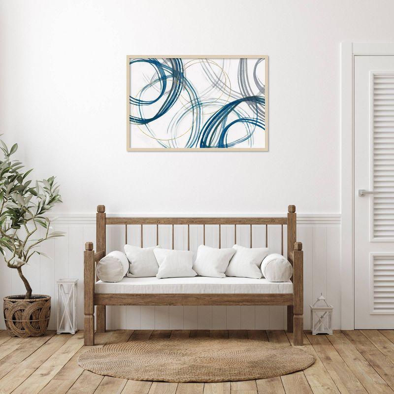 Cobalt Loops Abstract Graphic Art in Natural Wood Frame