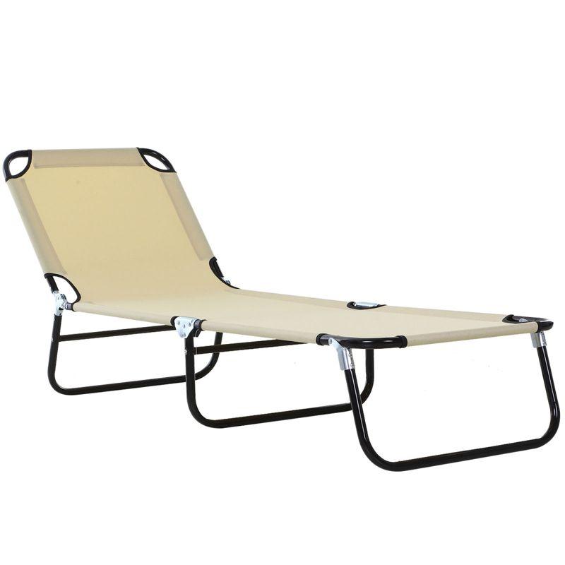 Outsunny Foldable Outdoor Chaise Lounge Chair, 5-Level Reclining Camping Tanning Chair with Strong Oxford Fabric for Beach, Yard, Patio, Pool, Beige