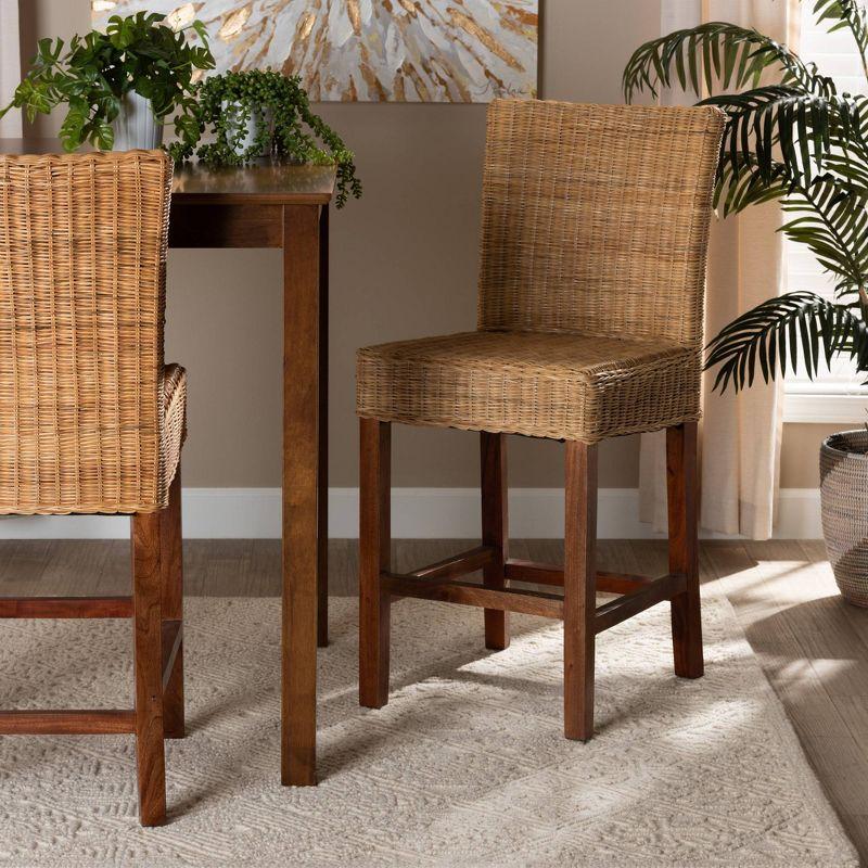 Racquel Mahogany Wood and Rattan Counter Stool in Walnut Brown