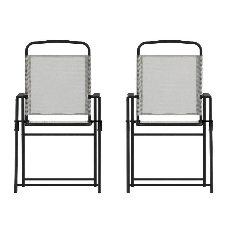 Flash Furniture Set of 2 Mystic Folding Patio Sling Chairs, Outdoor Textilene Lawn Chairs with Armrests in Gray