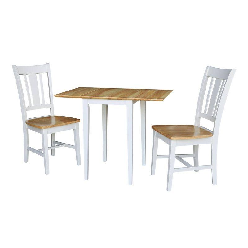 Elegant White/Natural Solid Parawood Dual Drop Leaf Table and 2 Chairs Set