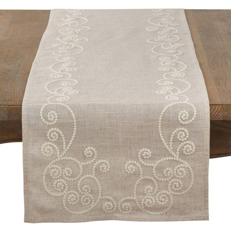 Neutral Swirl Table Runner - Saro Lifestyle: Linen-Blend, Embroidered, Machine Washable, 72"x16"