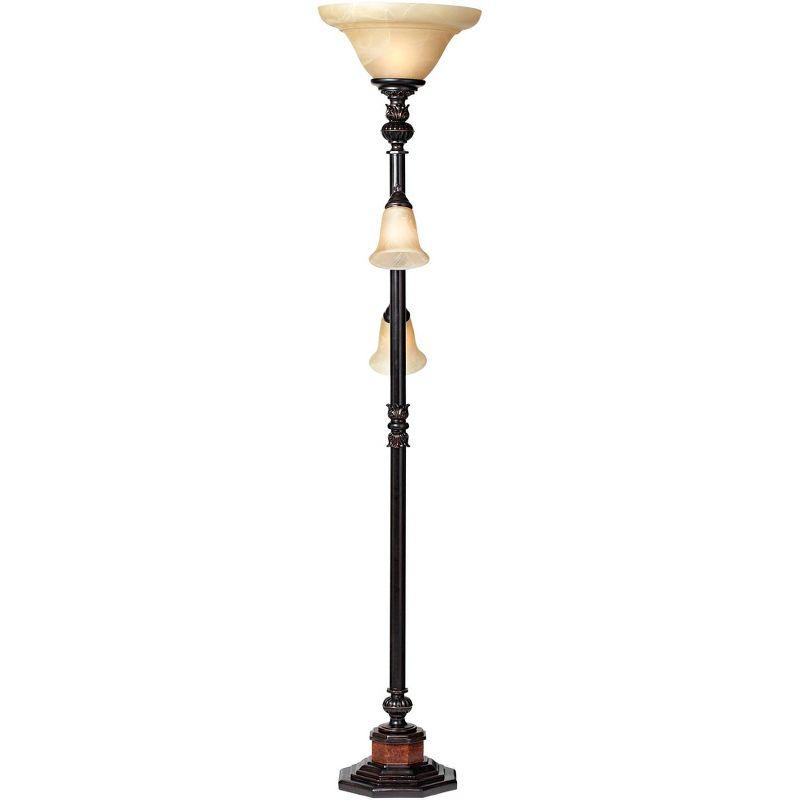 Kathy Ireland Sonnett Vintage Rustic Torchiere Floor Lamp with Side Lights 72" Tall Bronze Champagne Alabaster Glass Shade for Living Room Reading