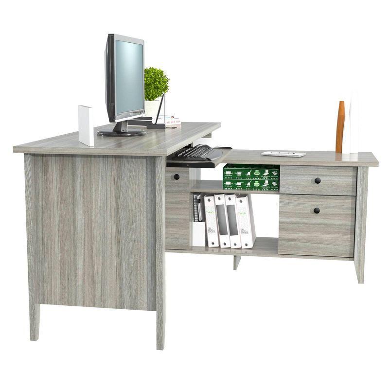 Espresso Oak L-Shaped Corner Desk with Keyboard Tray and Filing Cabinet