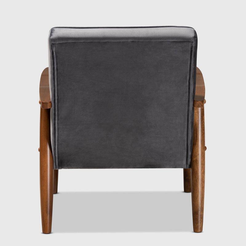 Baxton Studio Sorrento Velvet Upholstered Wooden Lounge Chair Gray/Brown: Mid-Century Modern Accent, Polyester Fabric