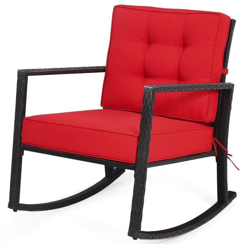 Red Wicker and Metal Outdoor Rocking Chair with Cushions