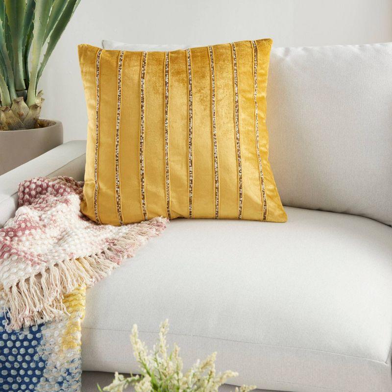 20"x20" Oversize Sofia Beaded Striped Square Throw Pillow Gold - Mina Victory: Velvet Texture, Indoor Elegance, Zippered