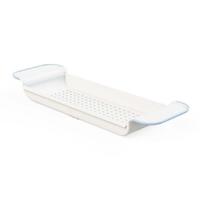 Expandable White and Blue Plastic Bathtub Tray