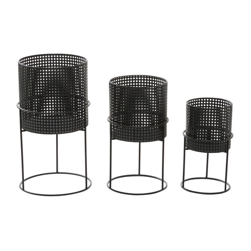 Set of 3 Black Metal Perforated Cylinder Floor Planters