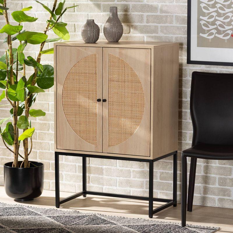 Ardon Bohemian Light Brown Wood and Black Metal Storage Cabinet with Rattan