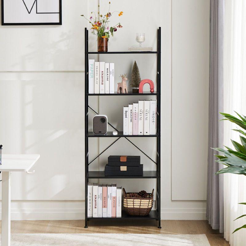 Black Metal and Wood 5-Tier Tall Corner Bookshelf