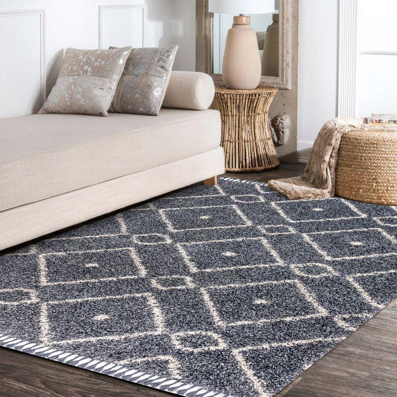 4'x6' Mercer Shag Plush Tassel Moroccan Diamond Area Rug, Denim/Cream - JONATHAN Y