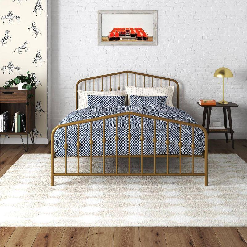 Bushwick Queen Gold Metal Platform Bed with Round Finials and Storage Drawer