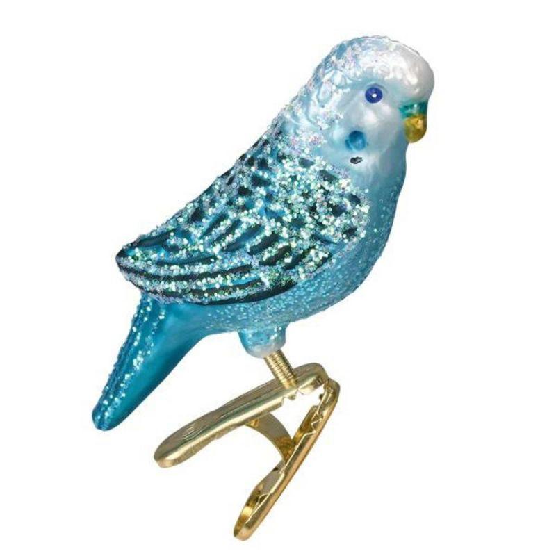 Miniature Blue Parakeet Glass Clip-On Christmas Ornament