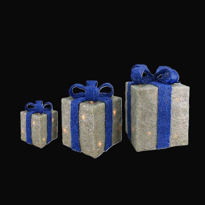 Northlight Lighted Gift Boxes Outdoor Christmas Decorations - 10" - Silver and Blue - Set of 3