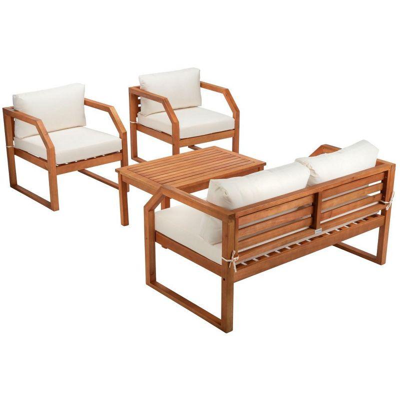 Natural Eucalyptus Wood 4-Piece Outdoor Living Set with Beige Cushions