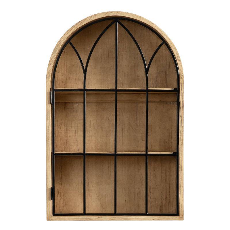 Natural Wood and Black Arched Wall Cabinet with Metal Door