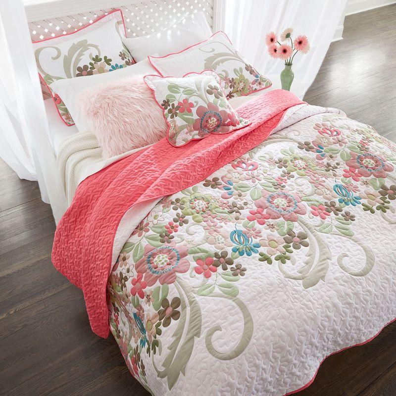 Twin White Cotton Floral Embroidered Quilt