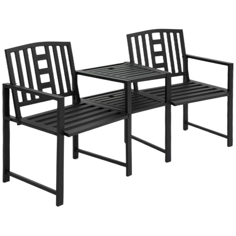 Outsunny Metal Garden Bench with Middle Table and Umbrella Hole, 2-in-1 Double Patio Chairs, Outdoor 2-person Tete-a-Tete, Slatted, Black