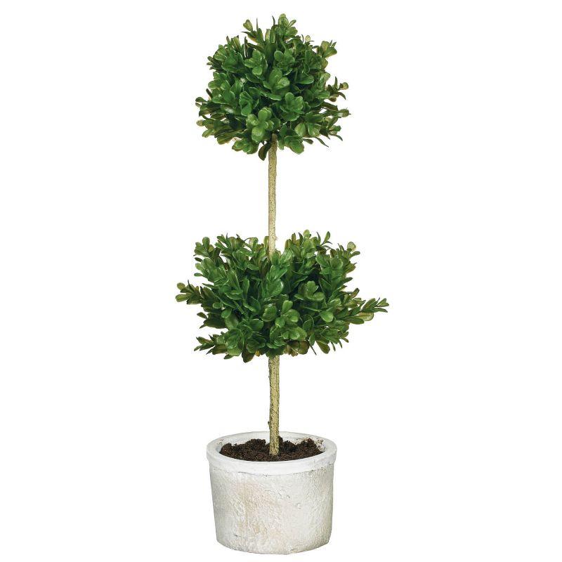 Green Plastic Double Boxwood Topiary in White Pot