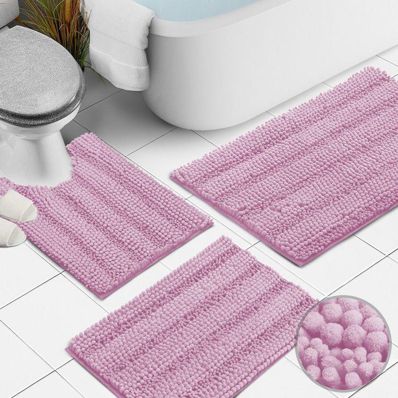 Hearth & Harbor 3 Piece Striped Bathroom Rug set, Ultra Soft Chenille Bathroom Rugs - Lilac