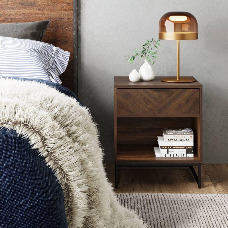 Kensi Rustic Walnut Nightstand with Herringbone Design & Matte Black Metal Base