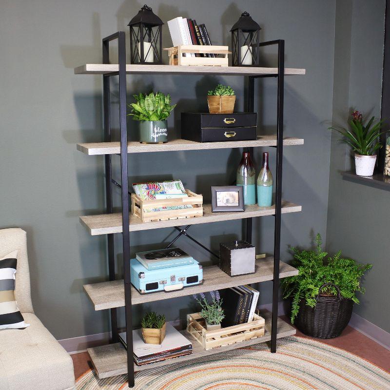 Adjustable Oak Gray 5-Tier Industrial Bookshelf with Cubes